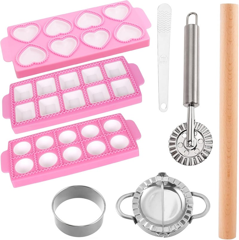 Krbnk 8pcs Ravioli Mold Set- 3 Rectangle Ravioli Maker Press + Dumpling/Pasta Cutter, Round Ravioli Cutter, Rolling Wheel, Dough Rolling Pin - Complete Pasta Making Tools for Ravioli Empanada - Image 1